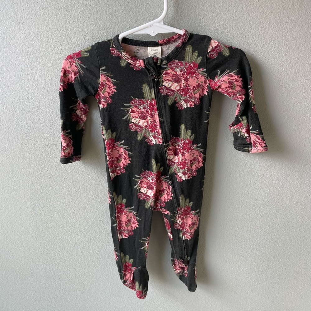 Kate Quinn Black and Pink Floral Bamboo Kids Footie Zippy with Foldover Cuffs